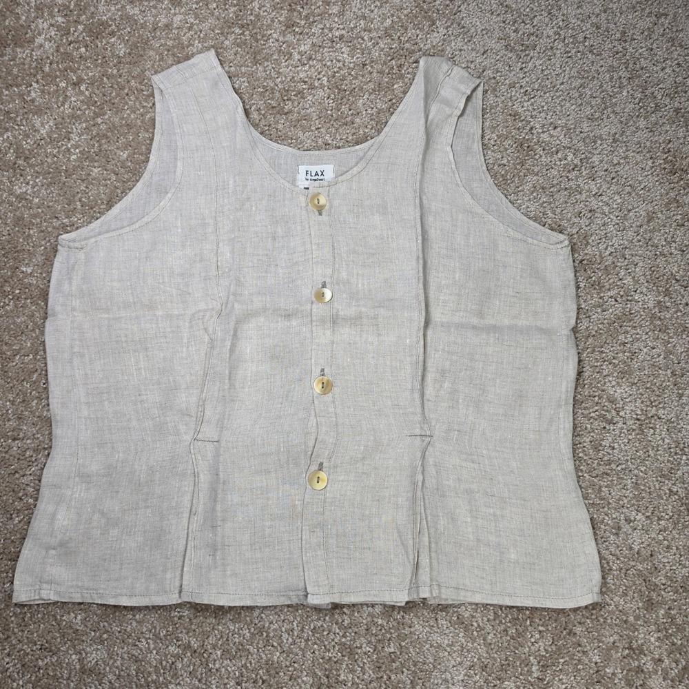 FLAX Tank Top Beige 100% Linen Sleeveless Button Front Minimalist Size Medium